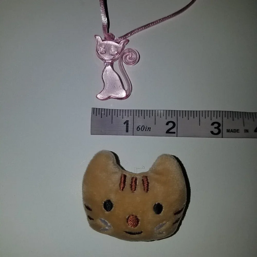 Kitty Cat Girl Child Jewelry Lot Tan Plush Pin Pink Plastic Necklace Burlap Bag